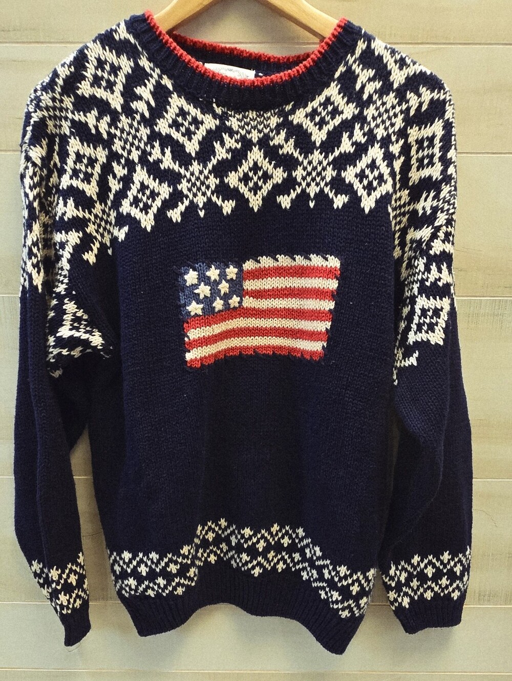 {M} Vintage American Flag Patriotic Knit Sweater Red White Blue Stars Stripes